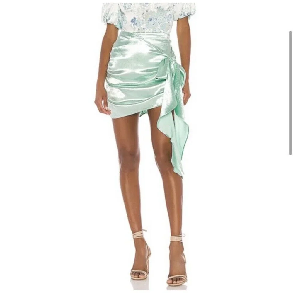 For Love & Lemons Bowie Metallic Mini Skirt Mint Green Bow